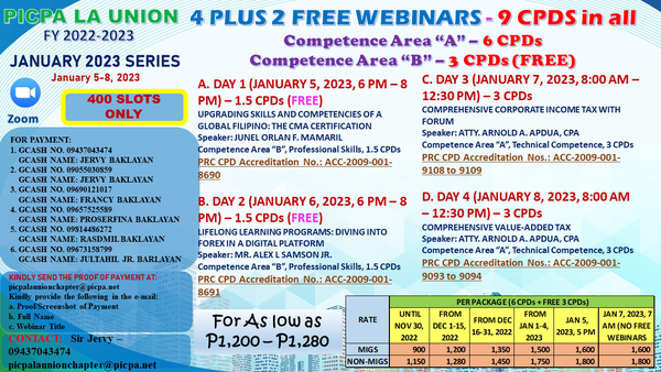 Picpa Lu: 4 Plus 2 Free Discounted Webinars - 9 Cpds In All - Jan 5-8 